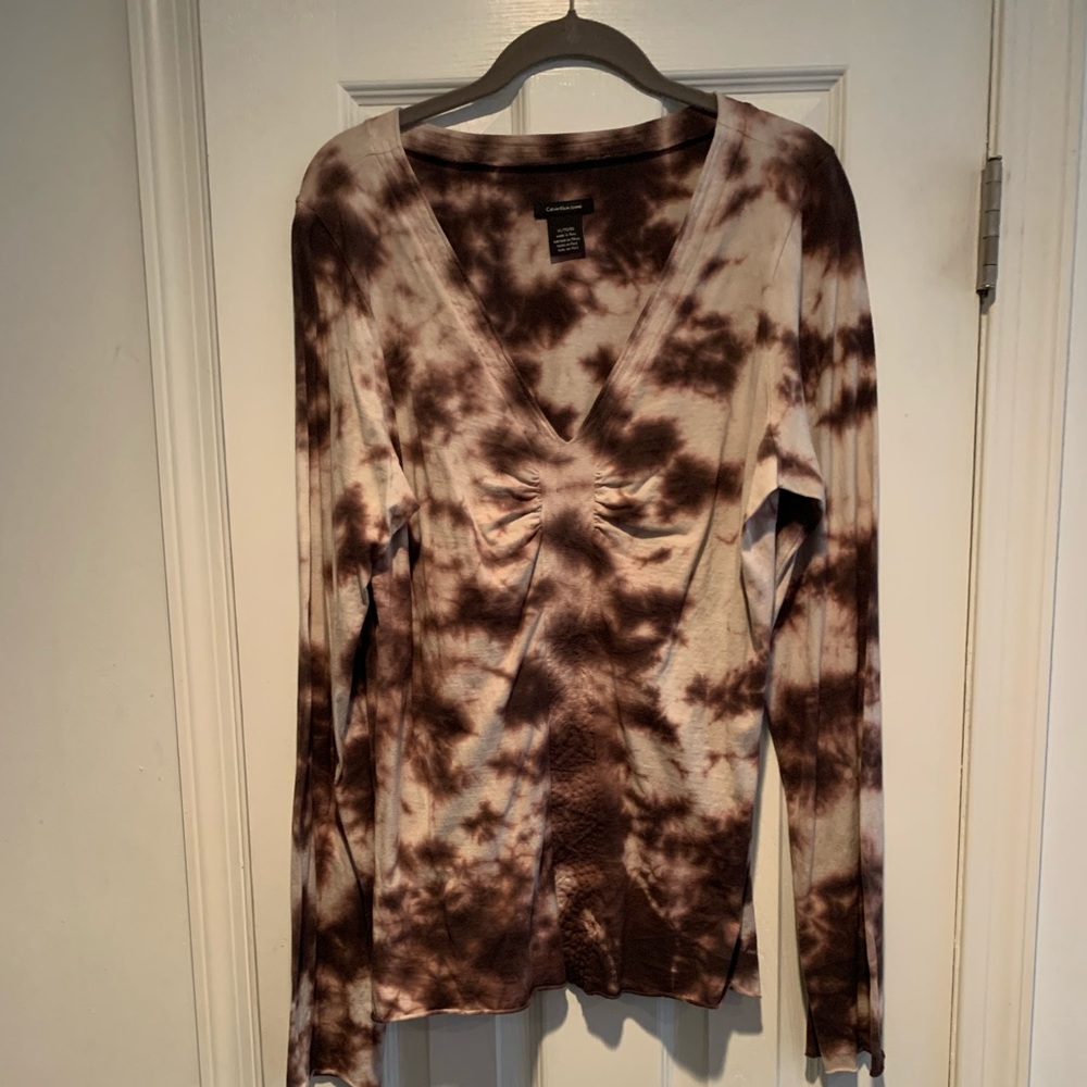 Calvin Klein Brown/Cream Tie Dye Long Sleeve Top - Size XL.